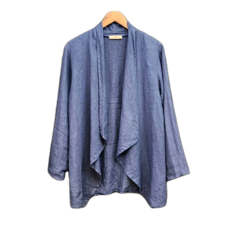 Lands Downunder Sz. L Navy Open Front Waterfall Layering Linen Cardigan